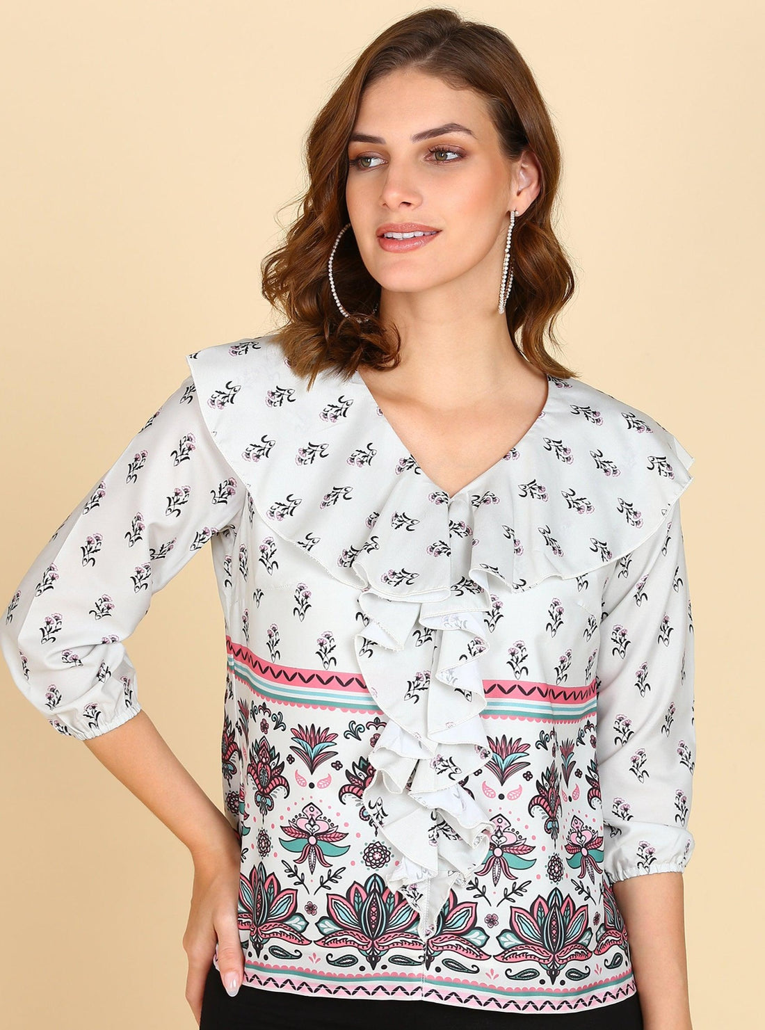 Front Frilled Floral Printed Top - Znxclothing