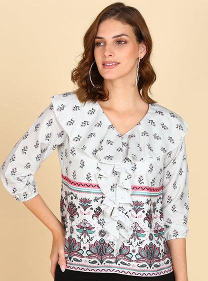 Front Frilled Floral Printed Top - Znxclothing