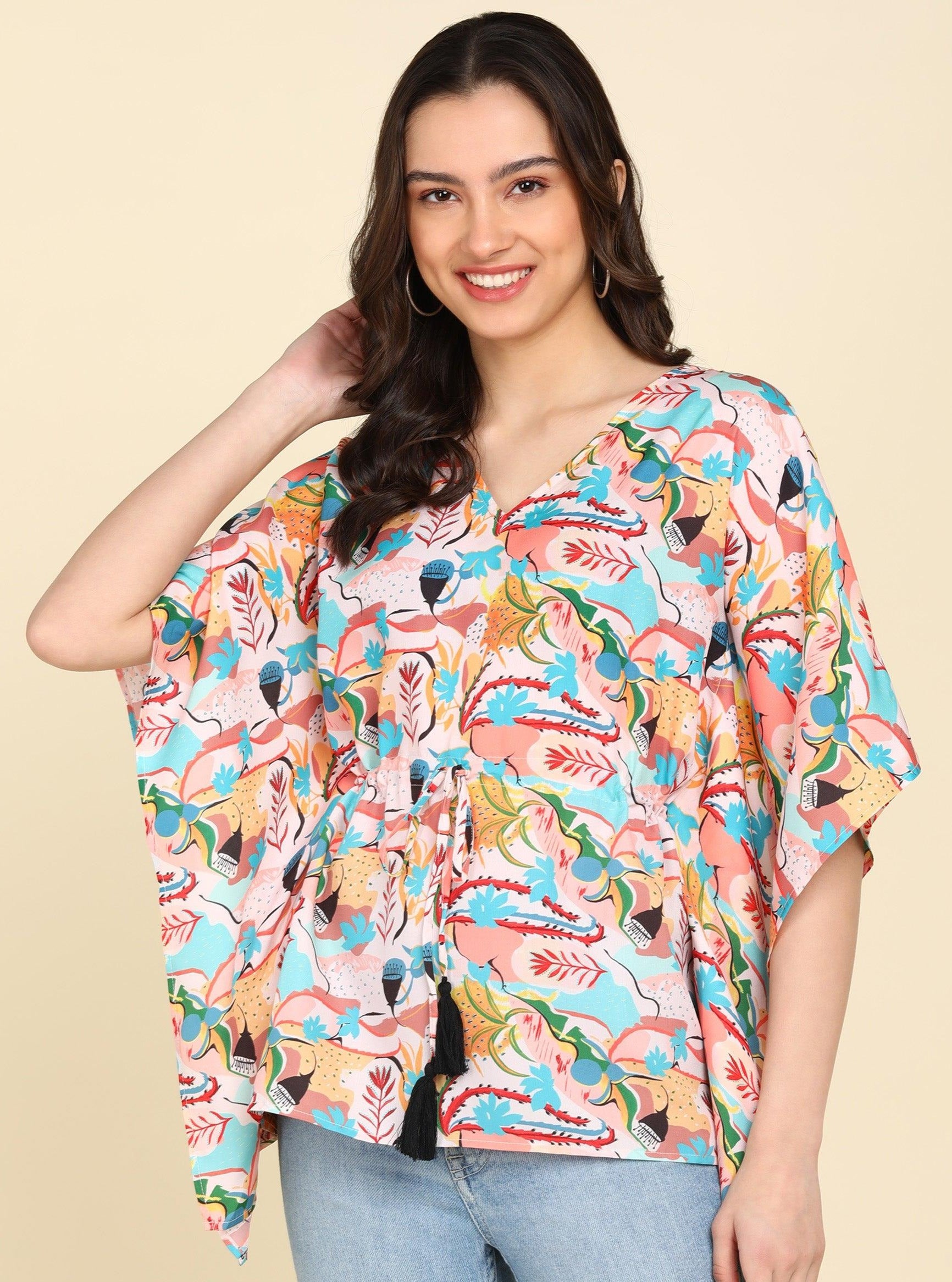 Floral Printed Misty Rose Color Kaftan Top - Znxclothing