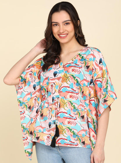 Floral Printed Misty Rose Color Kaftan Top - Znxclothing