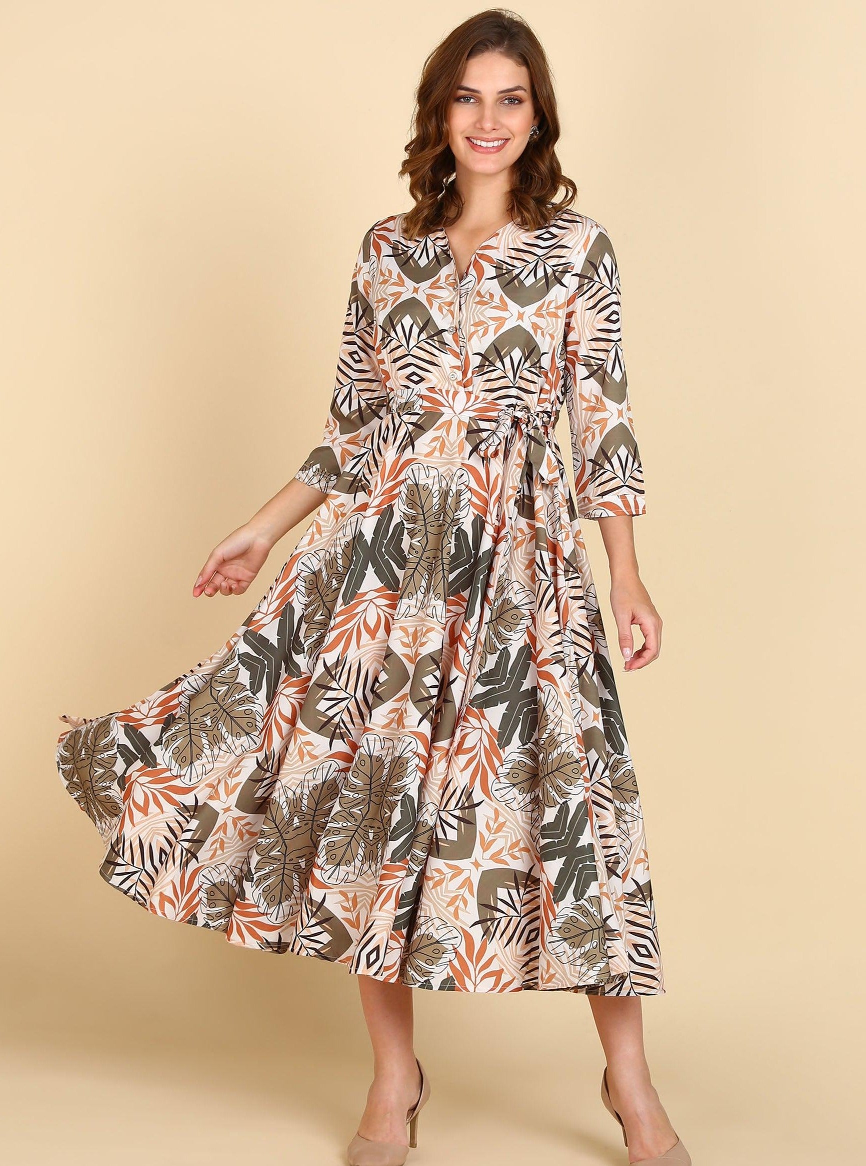 Tropical Printed Flared Dress - Znxclothing