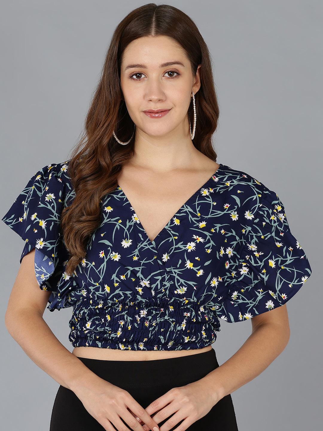 Floral Printed Blue Crop Top - Znxclothing