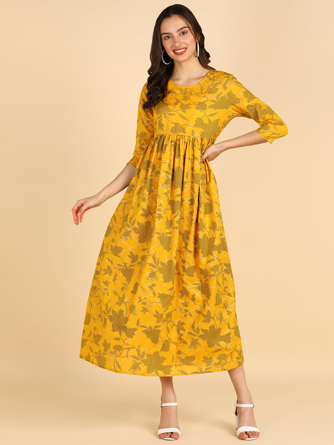 Gold &amp; Green Floral Printed  Yellow Dress