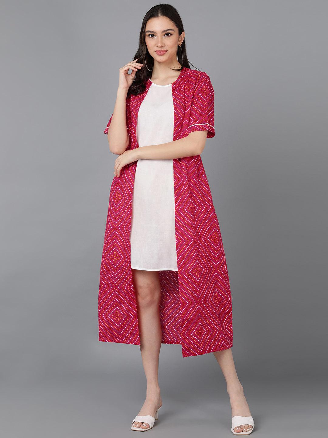 Solid White Dress With Bhandhani Printed Jacket - Znxclothing