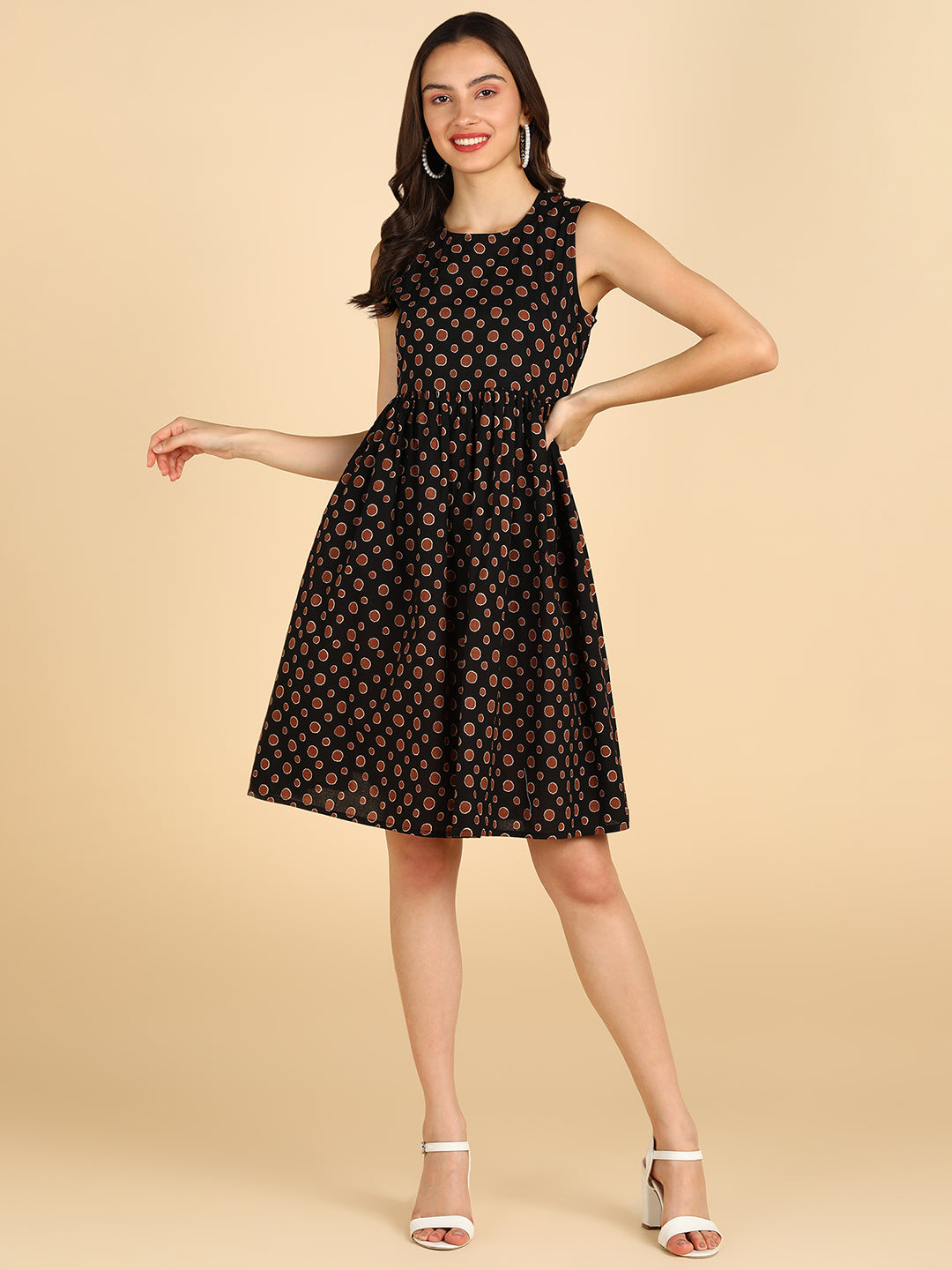 Brown Polka Printed Black Sleeveless Dress