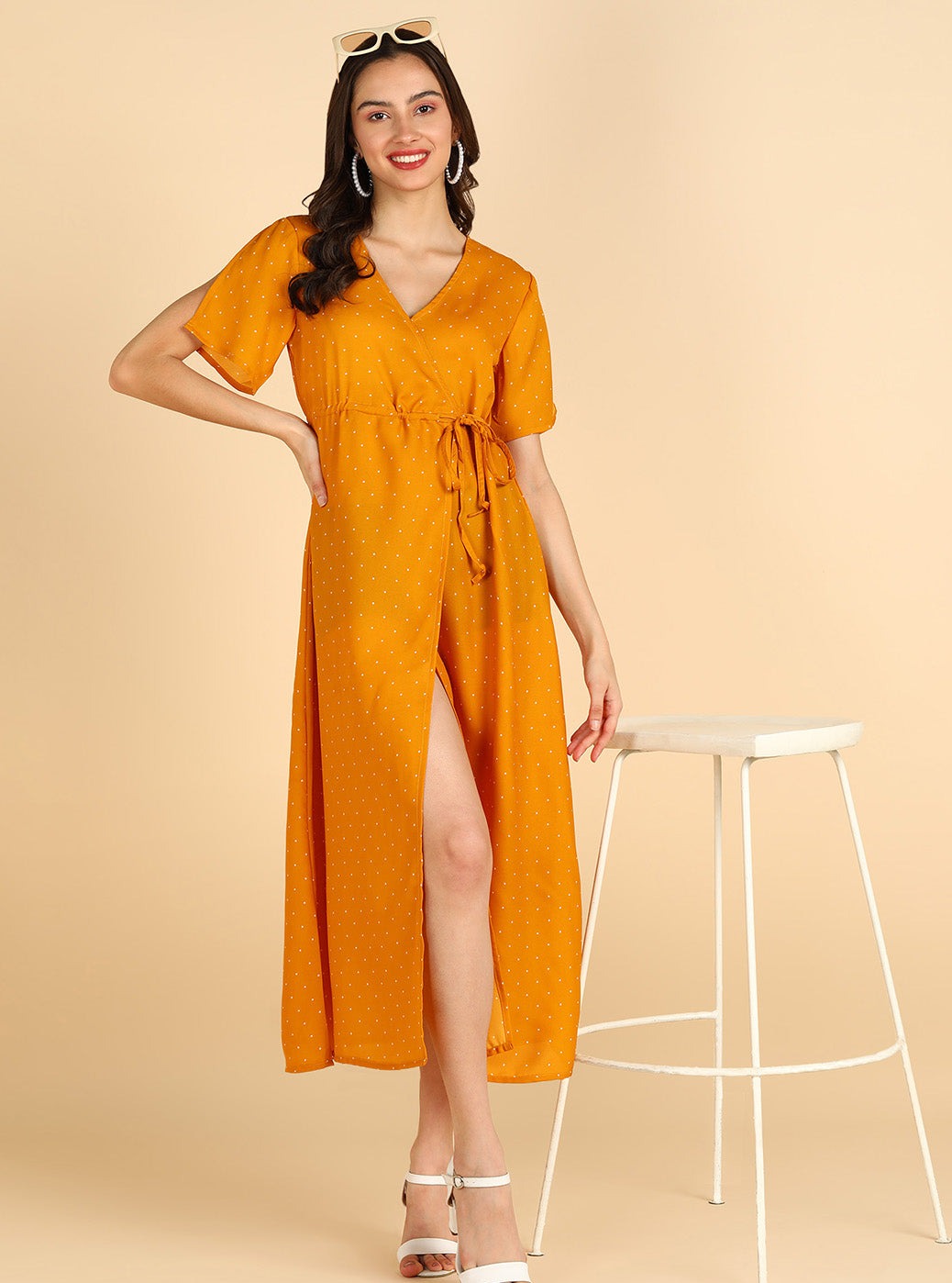 White Polka Printed Yellow Fornt Slit Dress