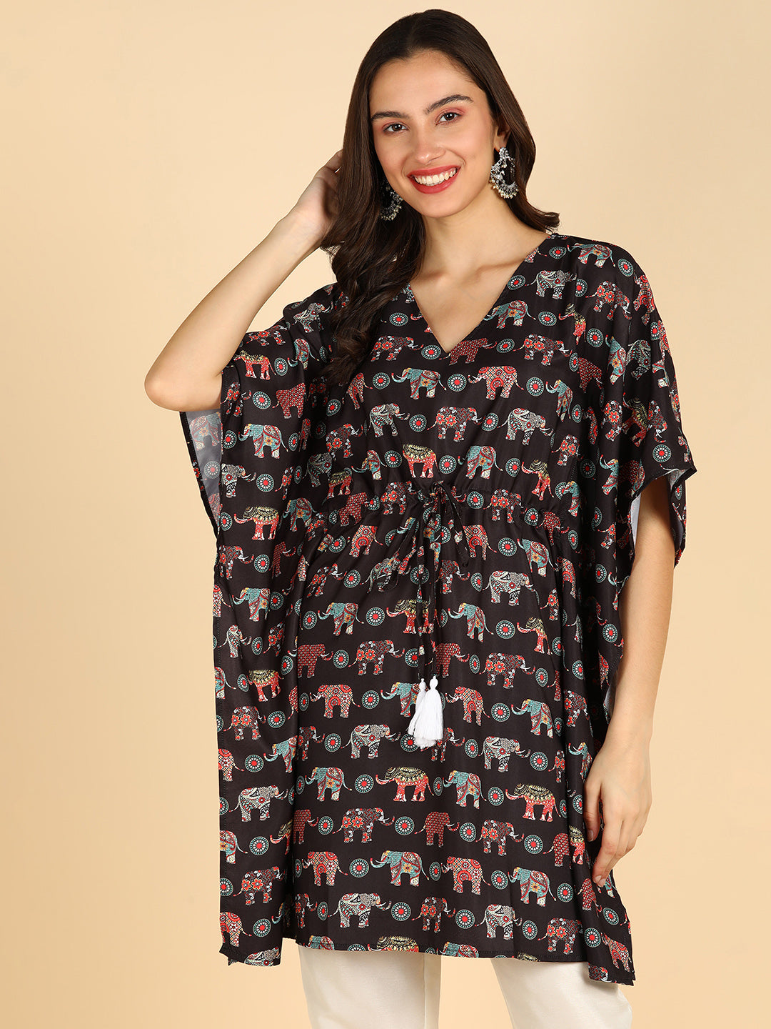 Ethnic Motifs Printed Black Kaftan With Tassel Details