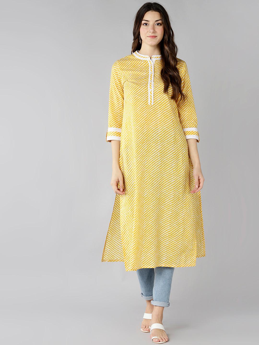 Znx Women Yellow Lehriya Printed Straight Kurti - Znxclothing