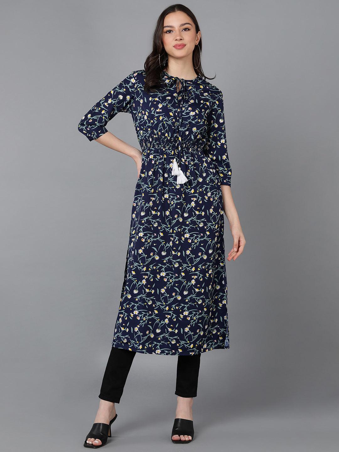 Floral Printed Blue Straight Kurti - Znxclothing