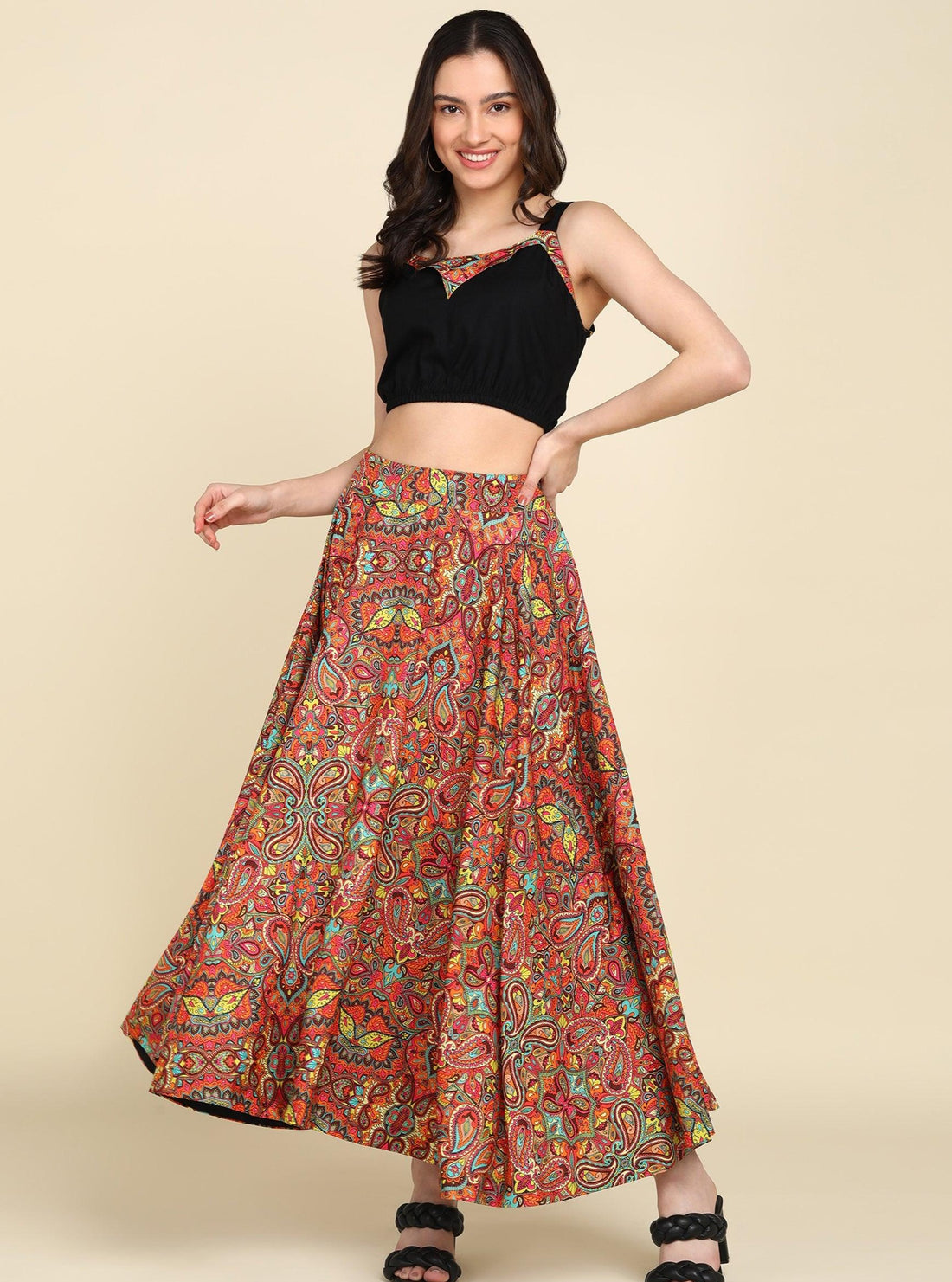 Orange Ethnic Printed Skirt With Front Detailing Black Sleeveless Crop top - Znxclothing