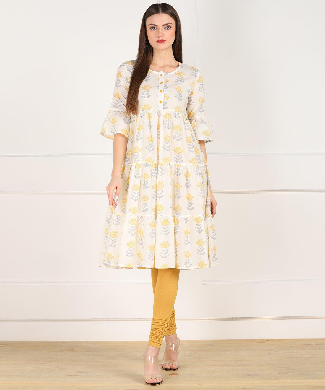 Znx White Yellow Floral Printed Flared Dress - Znxclothing