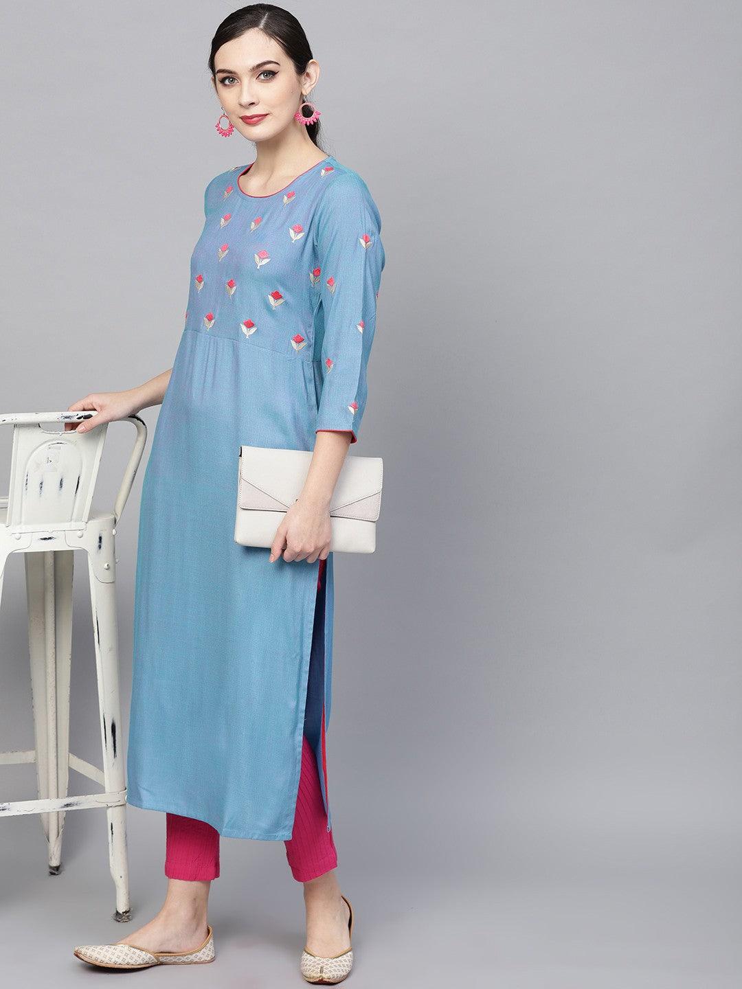 Sky Blue Embroidered Straight Kurta (Fully Stitched) - Znxclothing