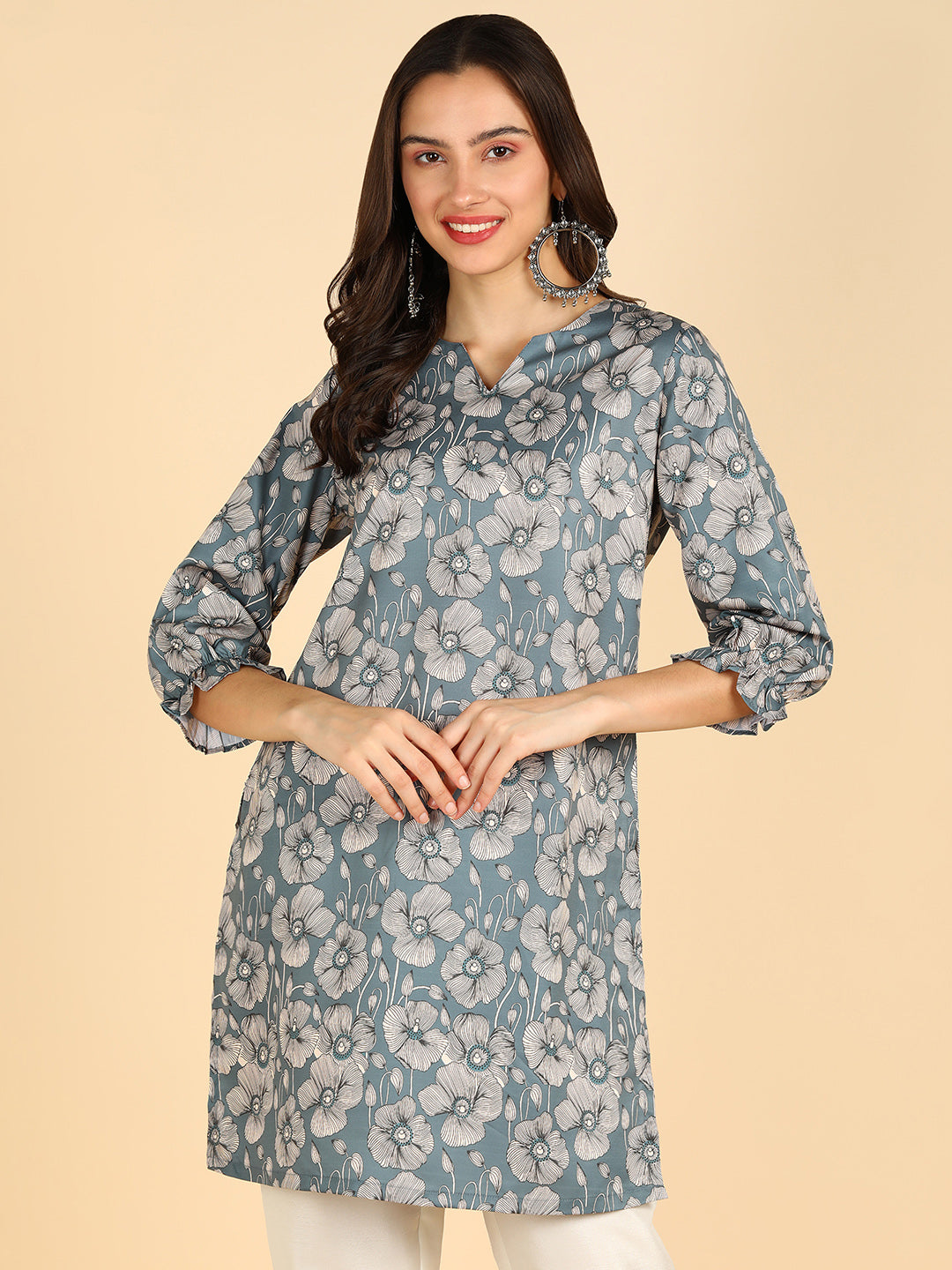 White Floral Printed Grey Straight Kurti