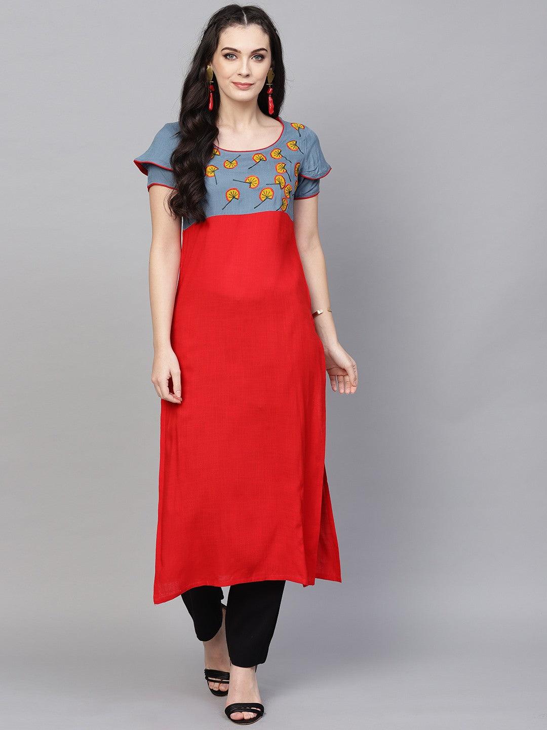 Red &amp; Blue Embroidered Yoke Straight Kurta (Fully Stitched) - Znxclothing