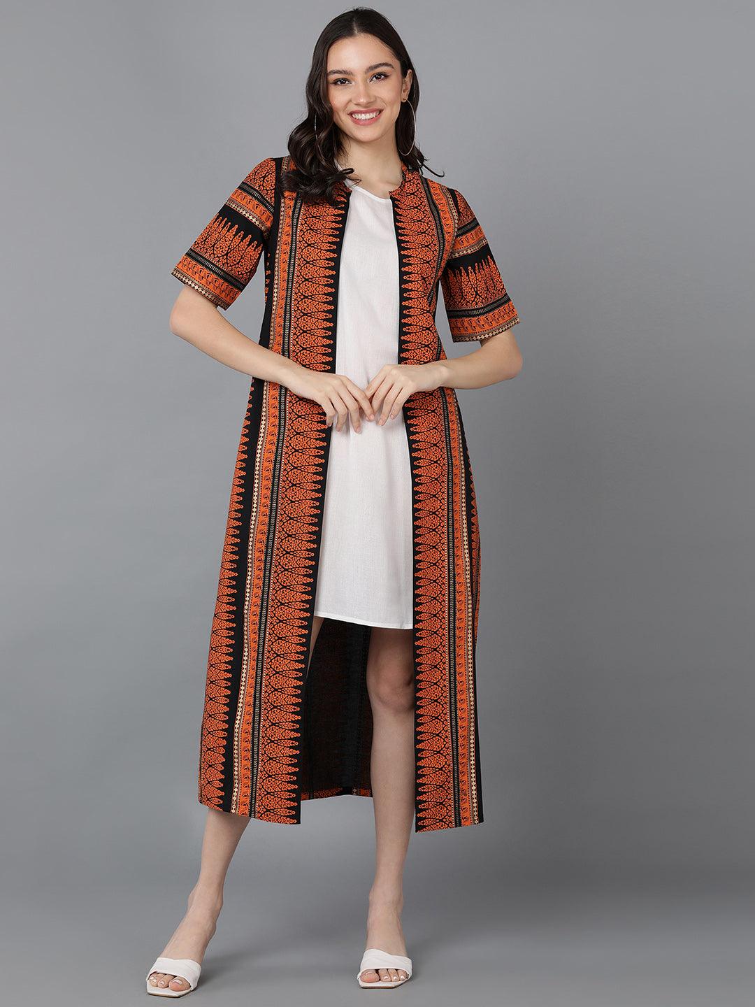 Solid White Dress With Trible Printed Jacket - Znxclothing