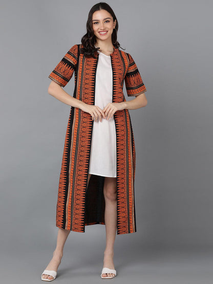 Solid White Dress With Trible Printed Jacket - Znxclothing