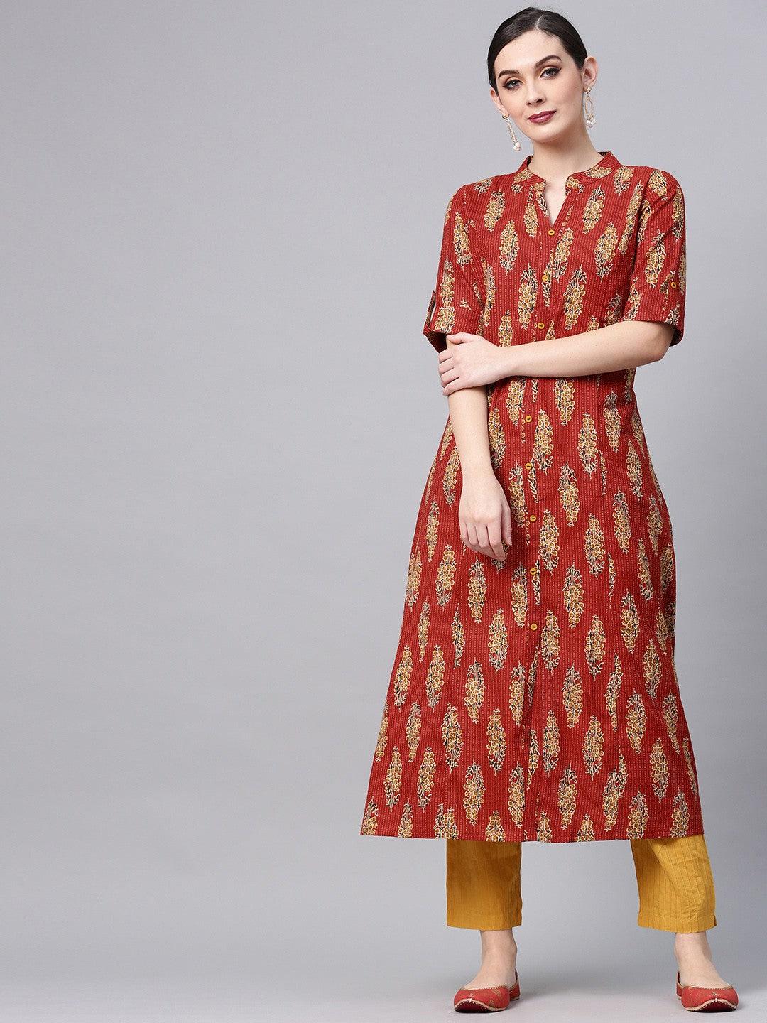 Maroon Kantha Work Printed A-Line Kurta (Fully Stitched) - Znxclothing