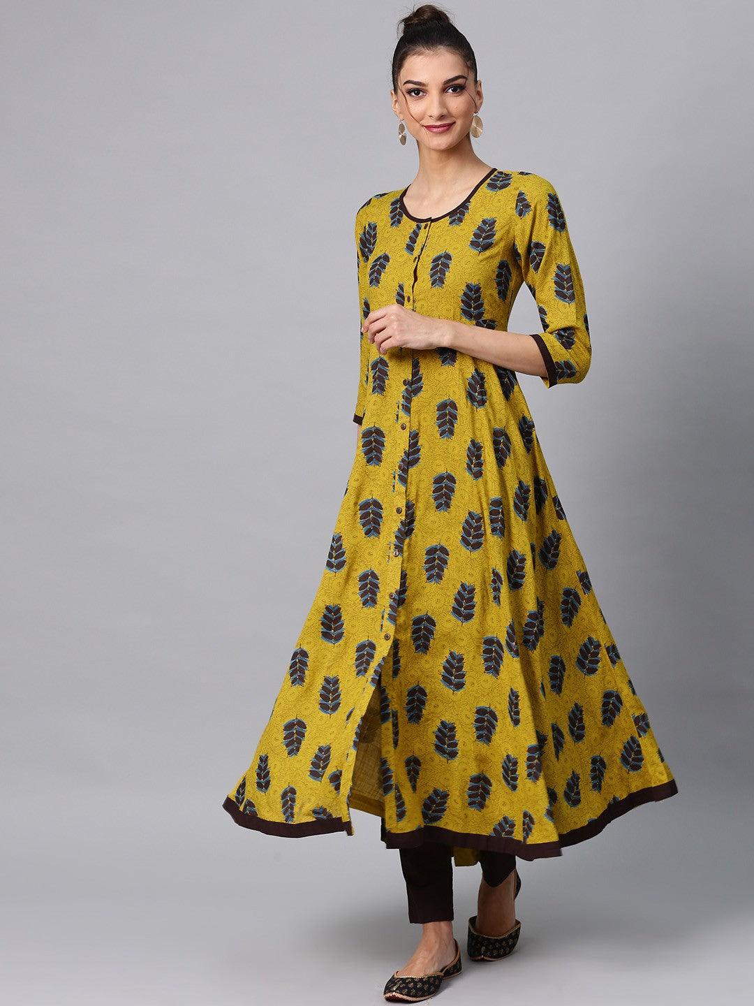 Mustard &amp; Blue Printed Button Down A-Line Kurta (Fully Stitched) - Znxclothing