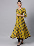 Mustard & Blue Printed Button Down A-Line Kurta (Fully Stitched) - Znxclothing