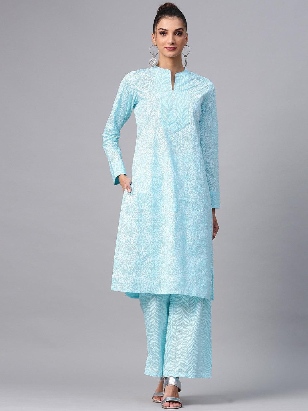 Turquoise Blue Khari Printed Straight Kurta (Fully Stitched) - Znxclothing