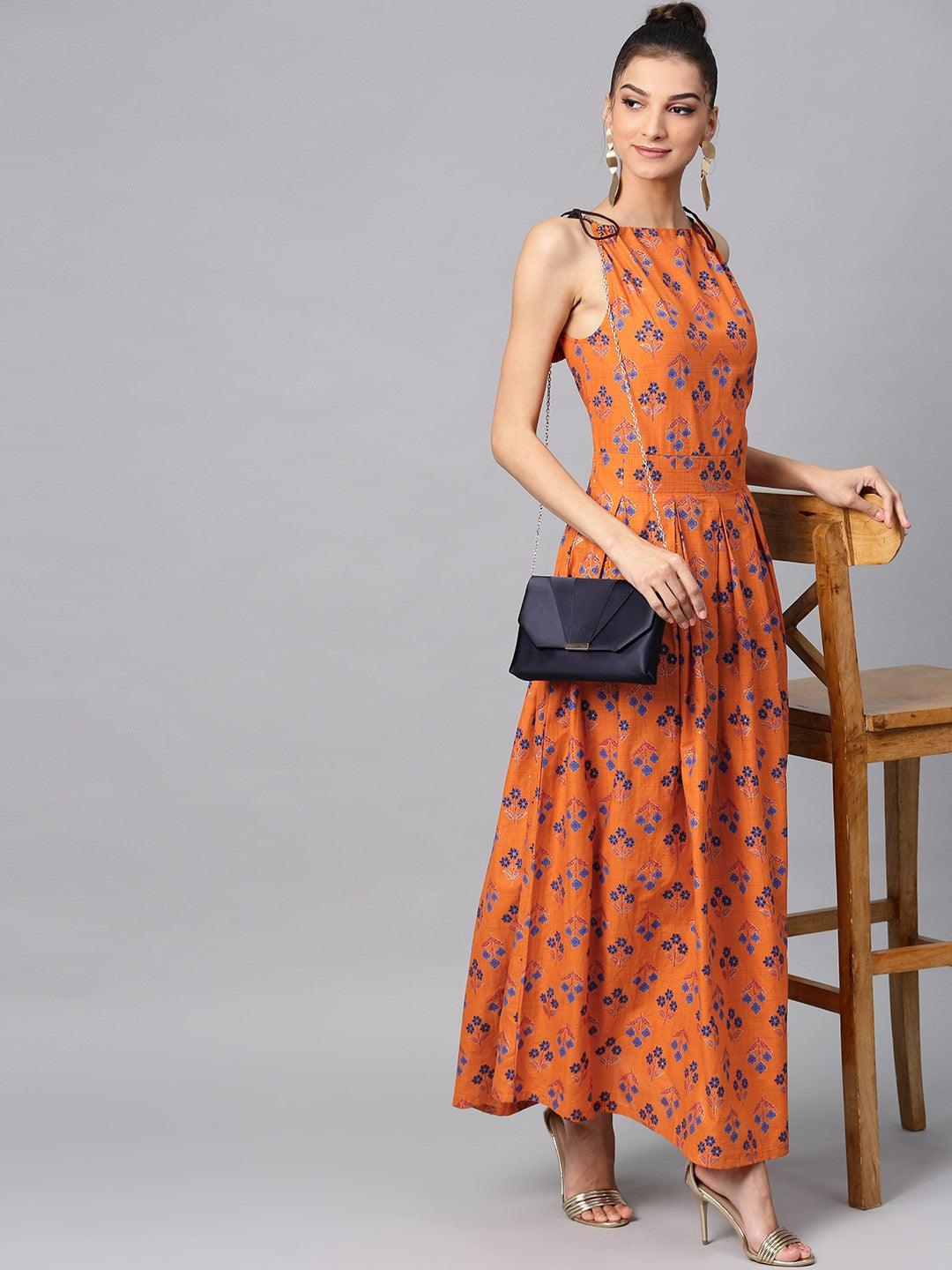 Orange Floral Printed Pleated Maxi (Fully Stitched) - Znxclothing