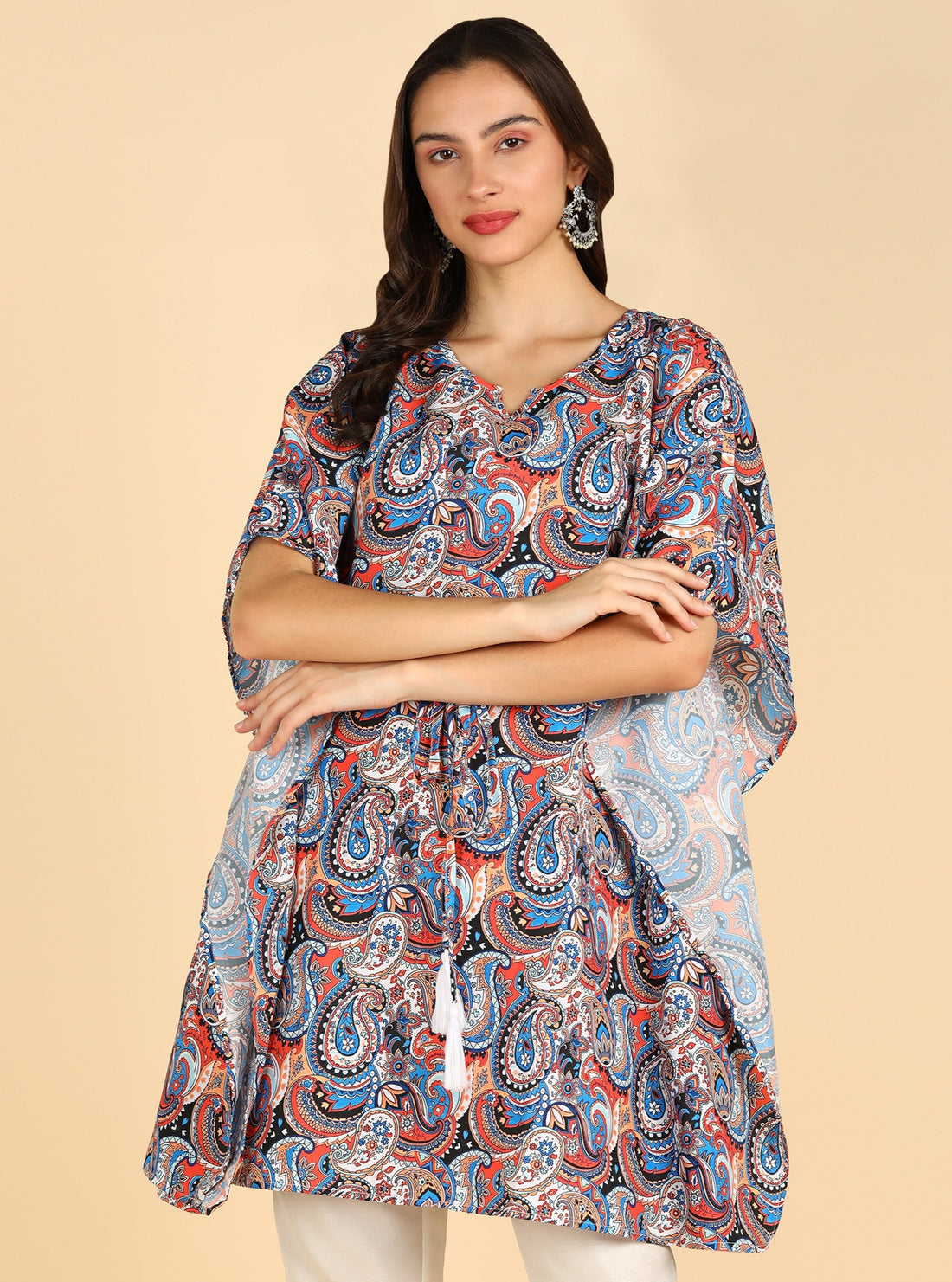 Multicolor Ethnic Motifs Printed Kaftan With Tassel Detials