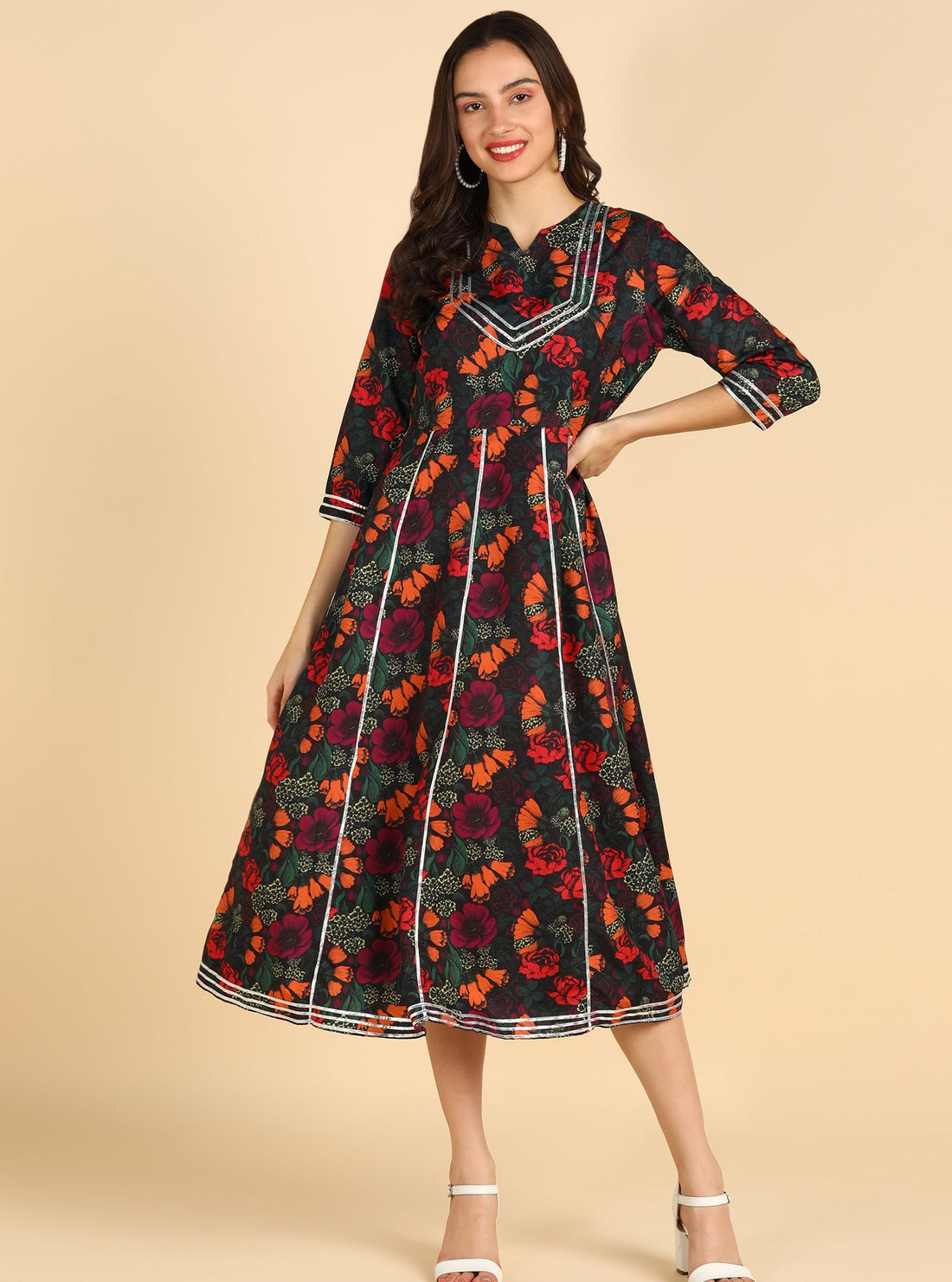 Floral Printed Black Dress With Silver Lace Details