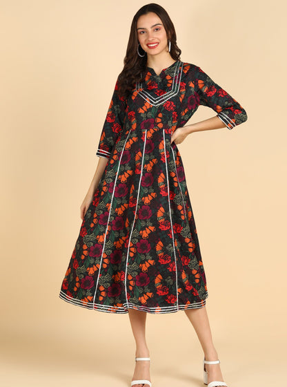 Floral Printed Black Dress With Silver Lace Details