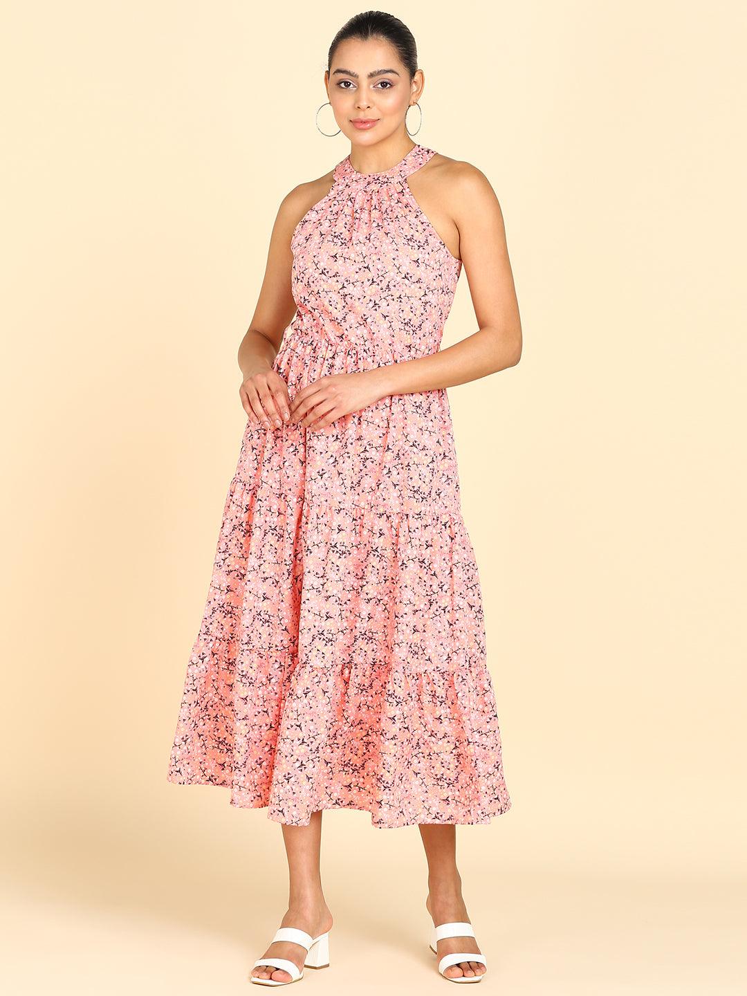 Floral Printed Tiered Peach Dress - Znxclothing