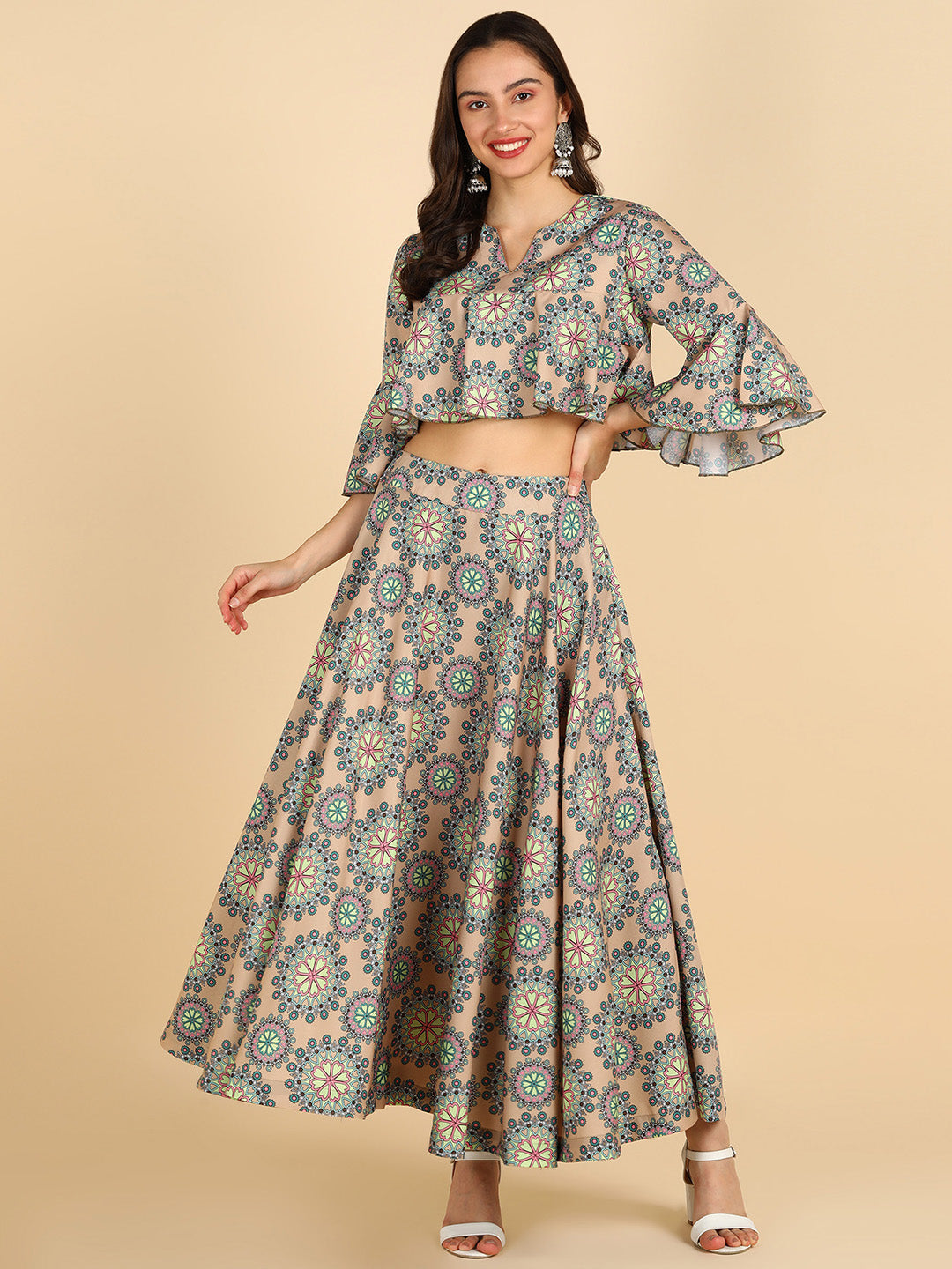 Floral Printed Beige Crop Top With Skirt