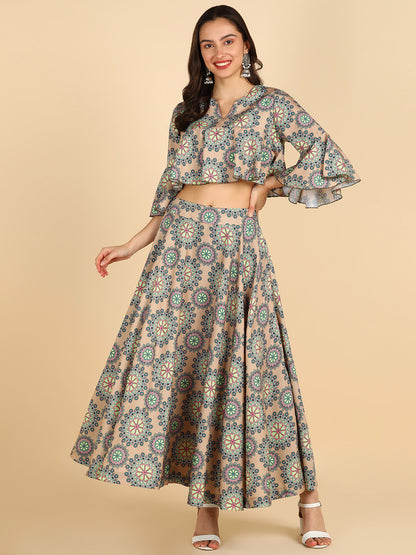 Floral Printed Beige Crop Top With Skirt