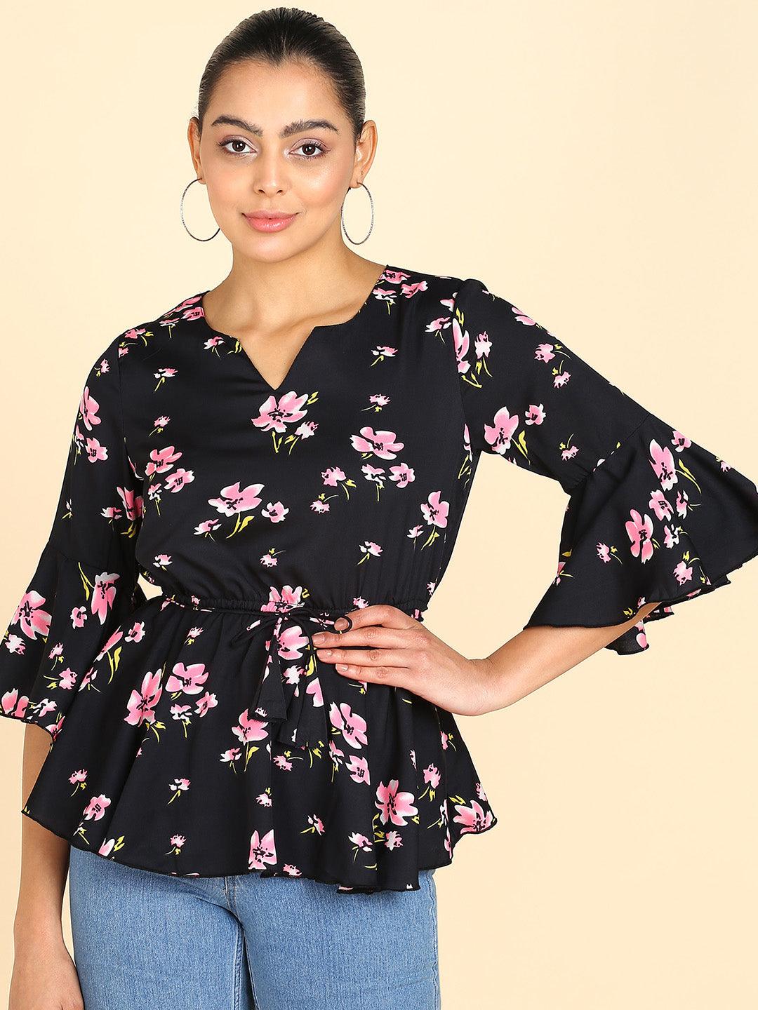 Floral Printed Black Empire Top - Znxclothing
