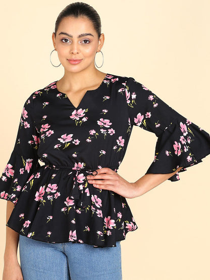 Floral Printed Black Empire Top - Znxclothing