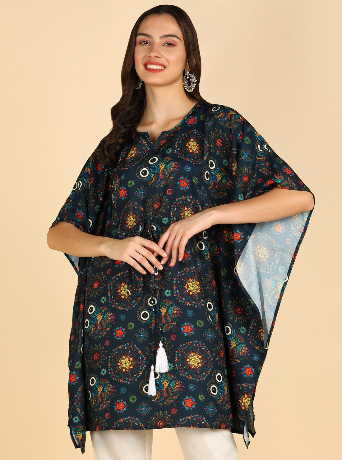 Floral &amp; Owl Eyes Printed Black Kaftan Kurta