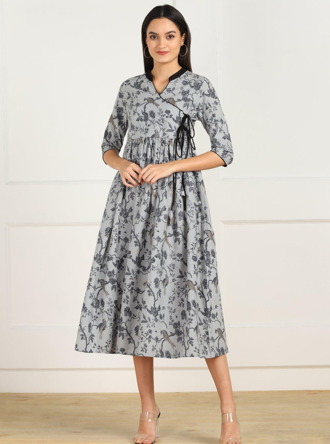 Znx Grey Black Printed Flared Dress - Znxclothing