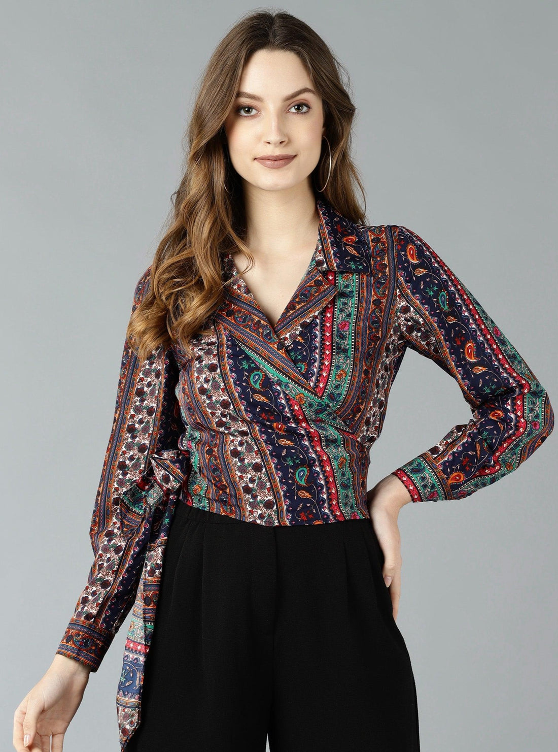 Znx Women Multi Color Geometric Printed Wrap Top - Znxclothing