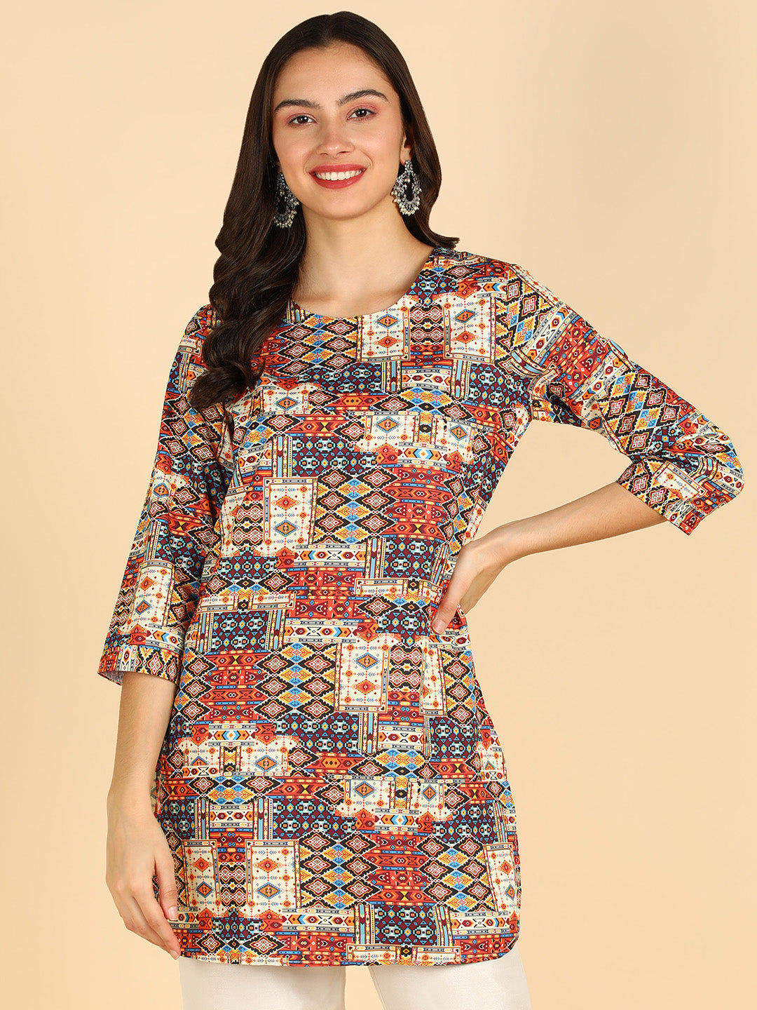 Geometric Printed Cream Straight Kurti