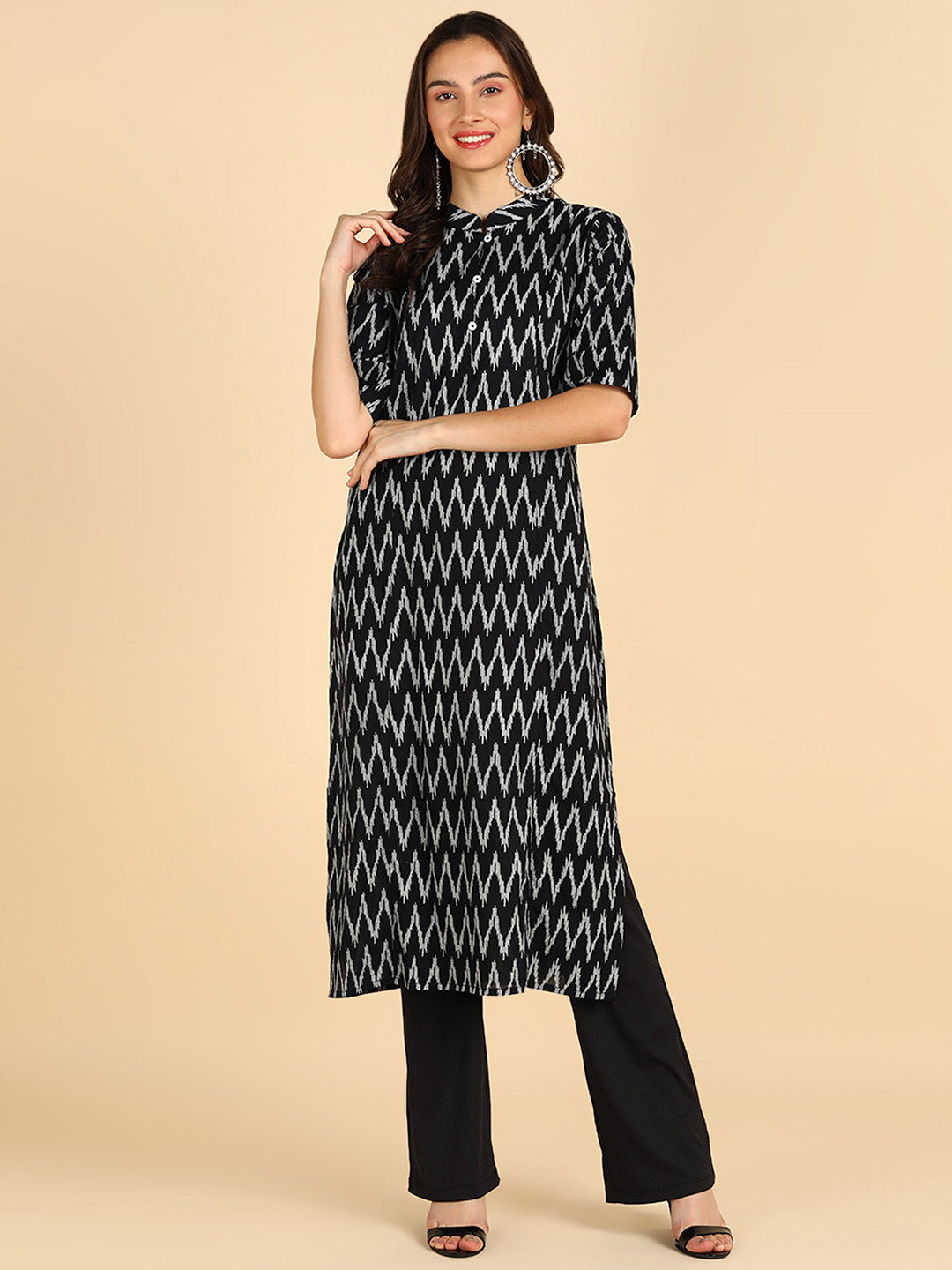 Zig-Zag Printed Black Princes Cut Kurta