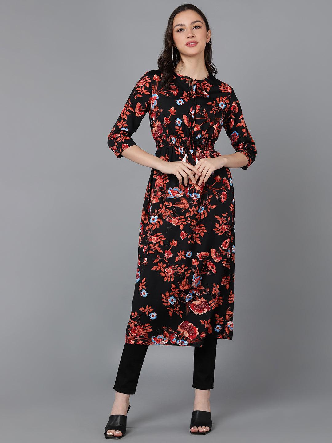 Rust Floral Printed Black Straight Kurti - Znxclothing