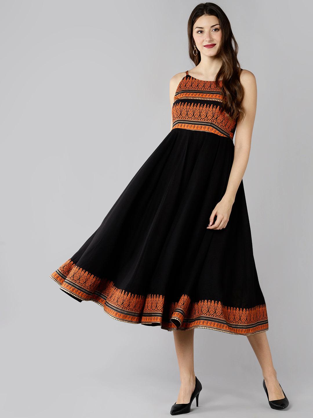 Znx Women Orange Printed Ankle length Black Dress - Znxclothing