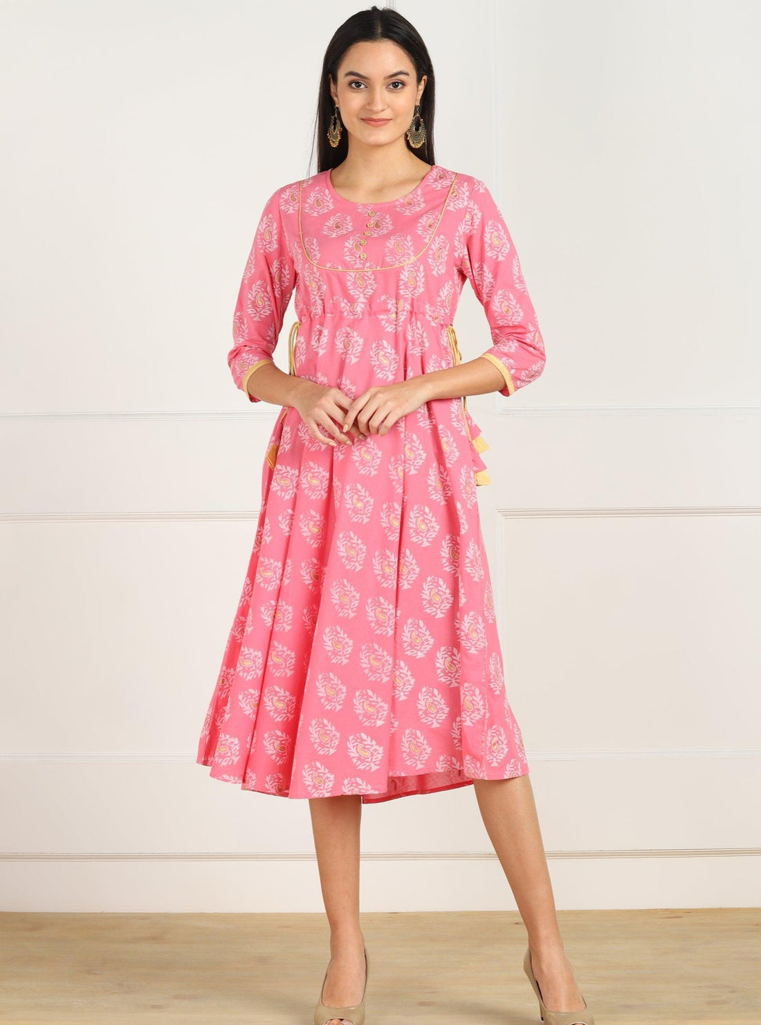 Znx Pink Gold Floral Printed Flared Dress - Znxclothing