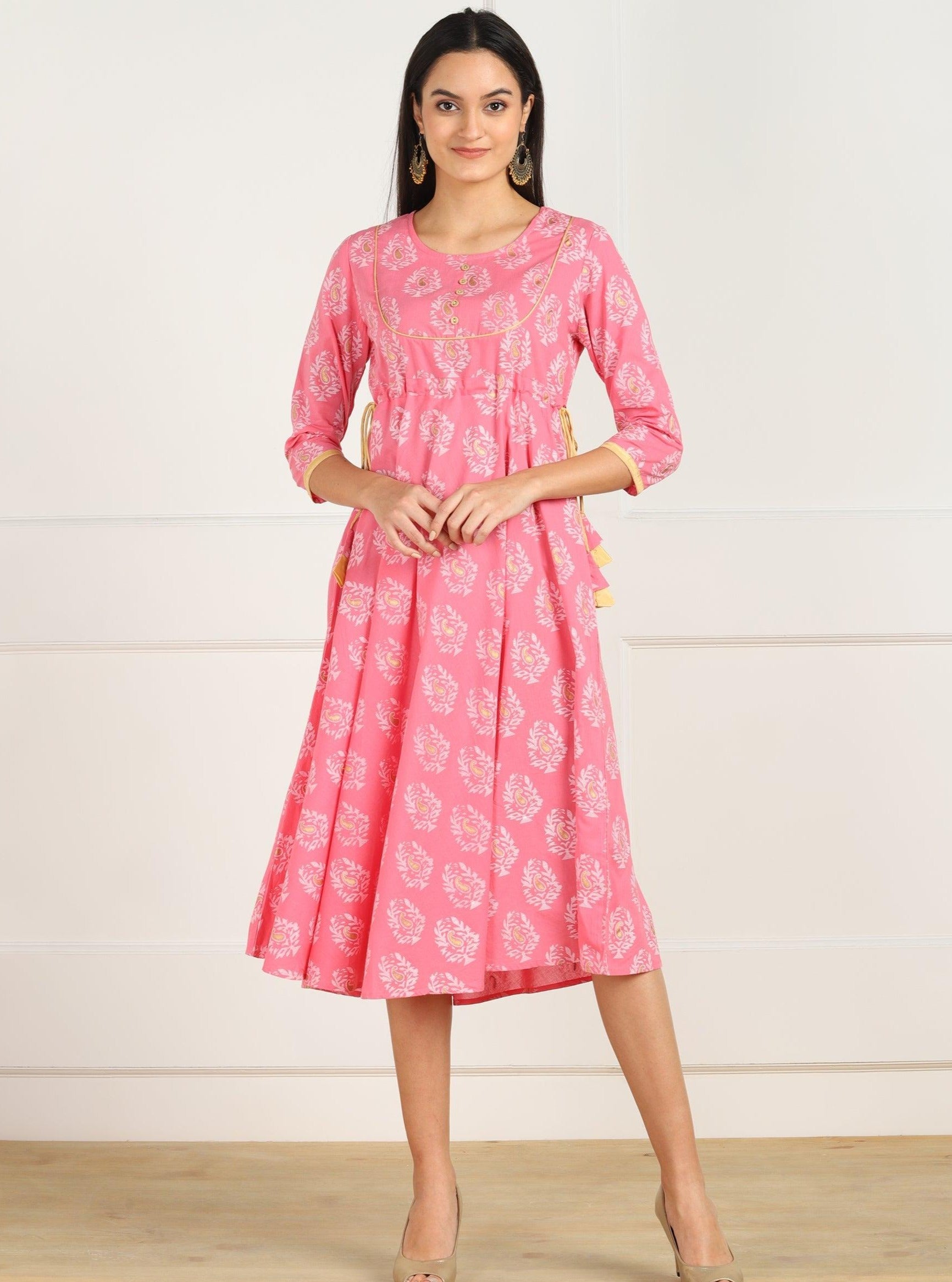 Znx Pink Gold Floral Printed Flared Dress - Znxclothing