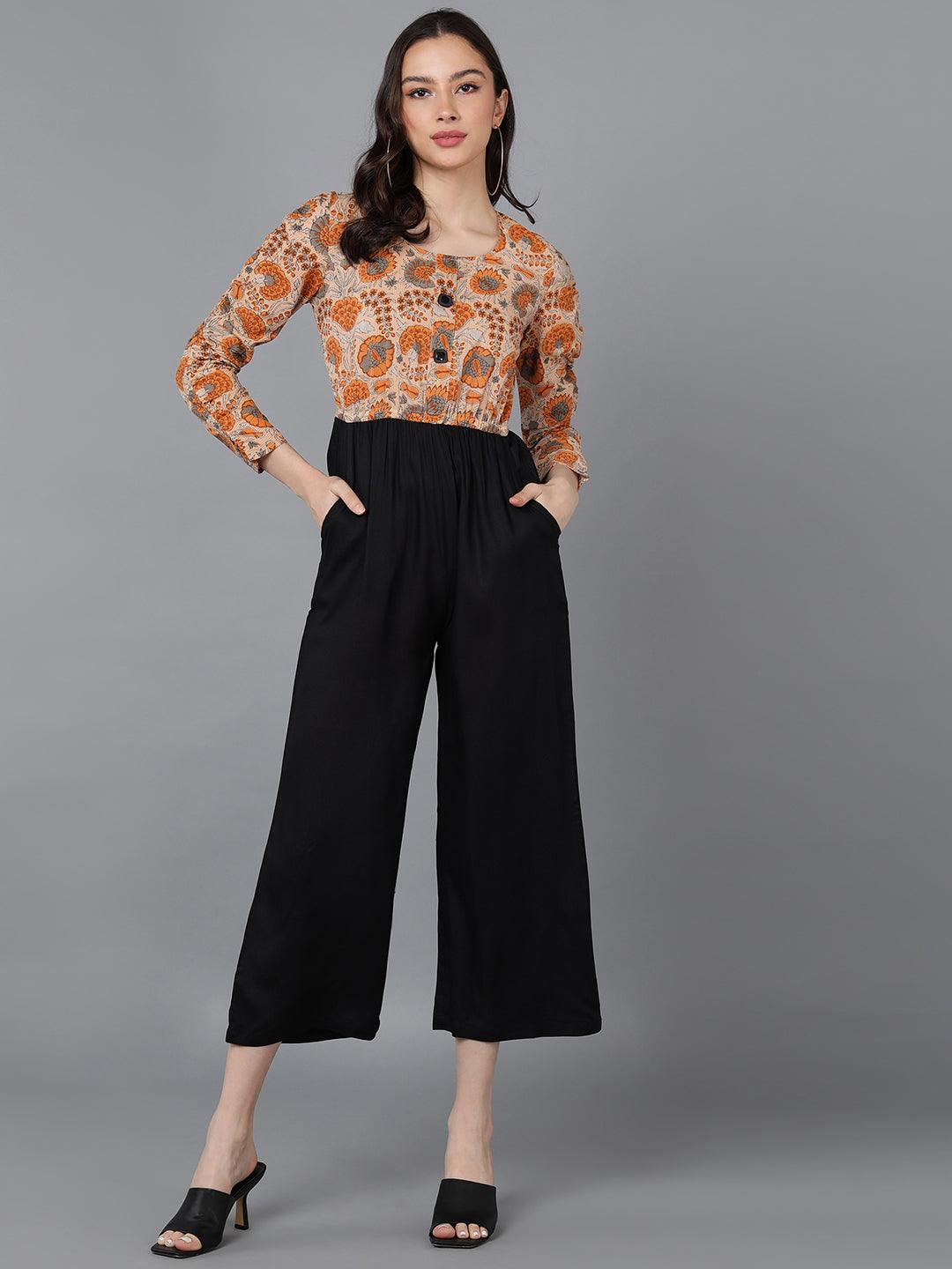 Yellow Printed Jumpsuit With Smocked Sleeve - Znxclothing