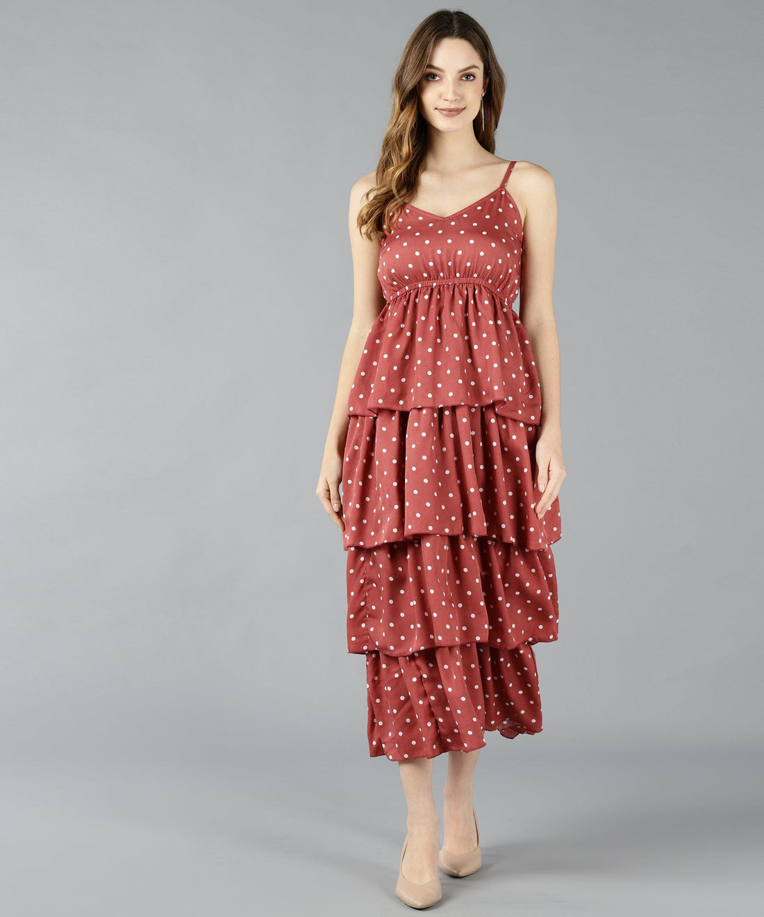 Znx Women White Dot Printed Pink Tiered Dress - Znxclothing