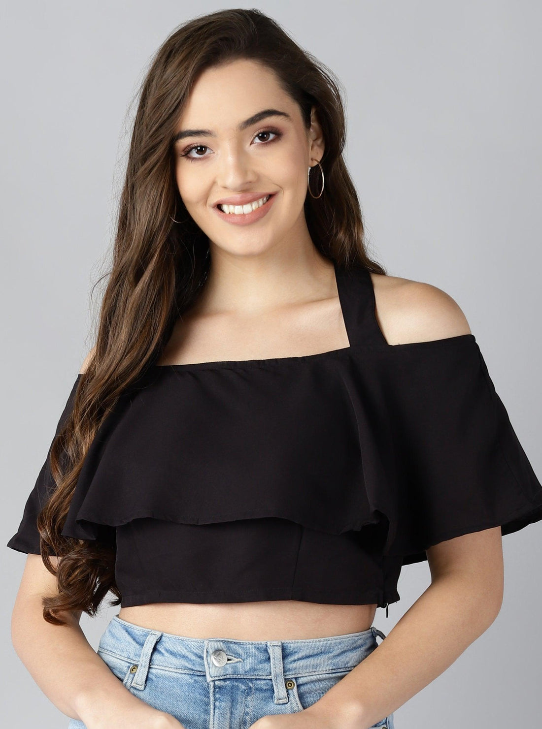 Women Shoulder Straps Black Solid Top - Znxclothing