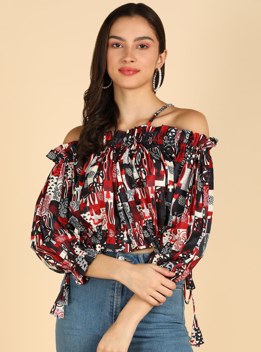 Black &amp; Red Printed Off Shoulder Top