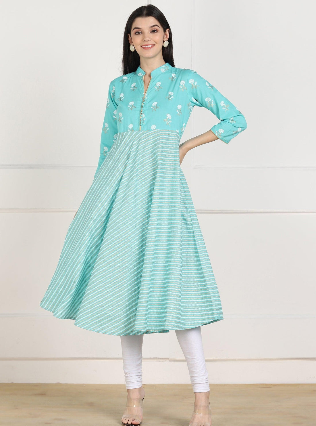 Znx Women Blue Stripe Printed Flared Kurta - Znxclothing