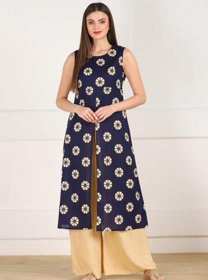 Znx Women Blue Floral Printed Sleeveless Kurta With Front Slit - Znxclothing
