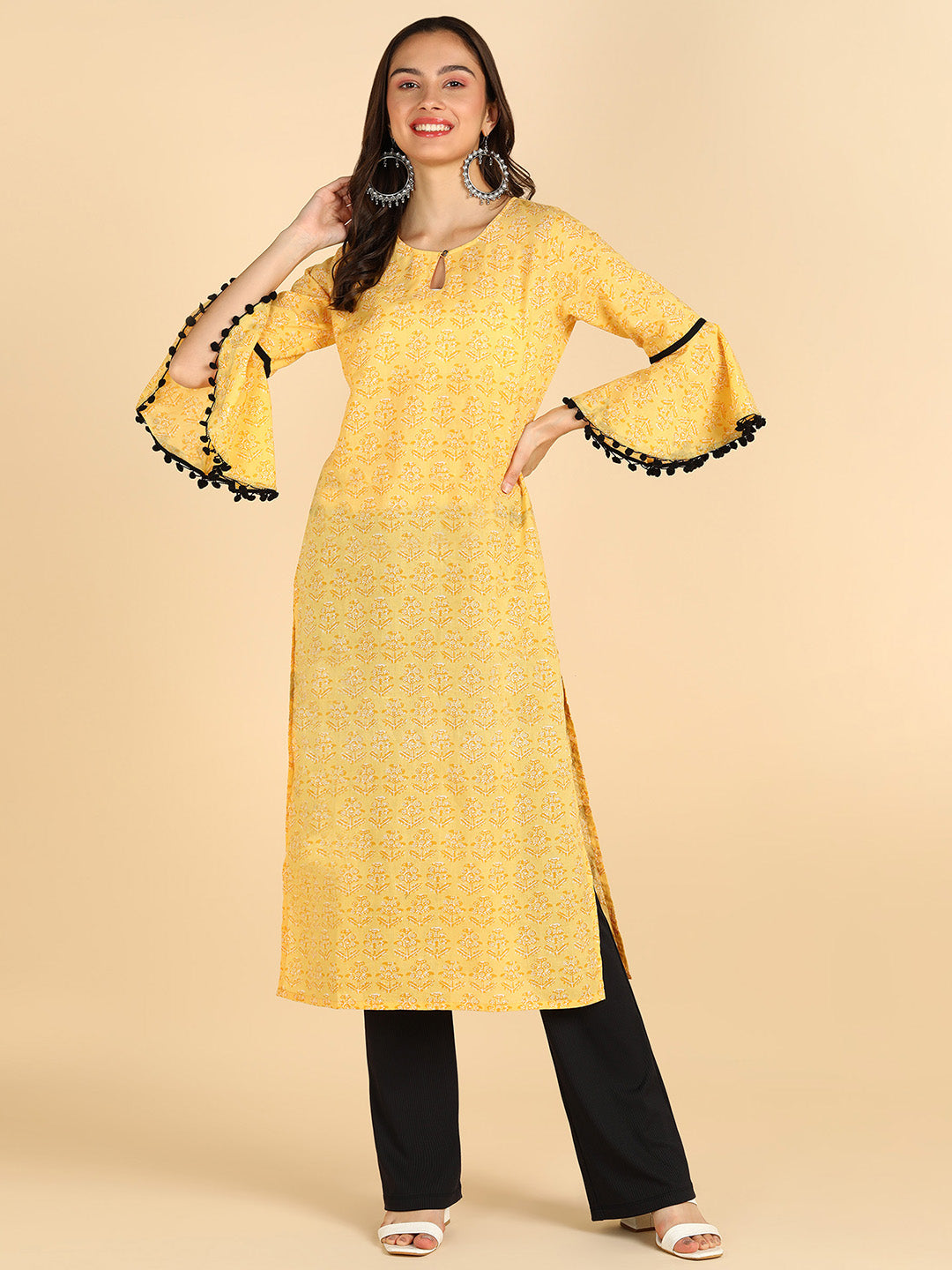 Floral Printed Straight Yellow Kurta With Sleeve Detailing
