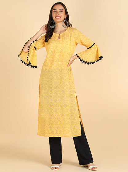 Floral Printed Straight Yellow Kurta With Sleeve Detailing